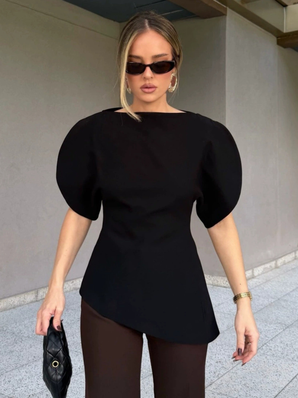 Forever 21 Black Short Sleeve Blouse Raglan Sleeve Waist Summer Office Top
